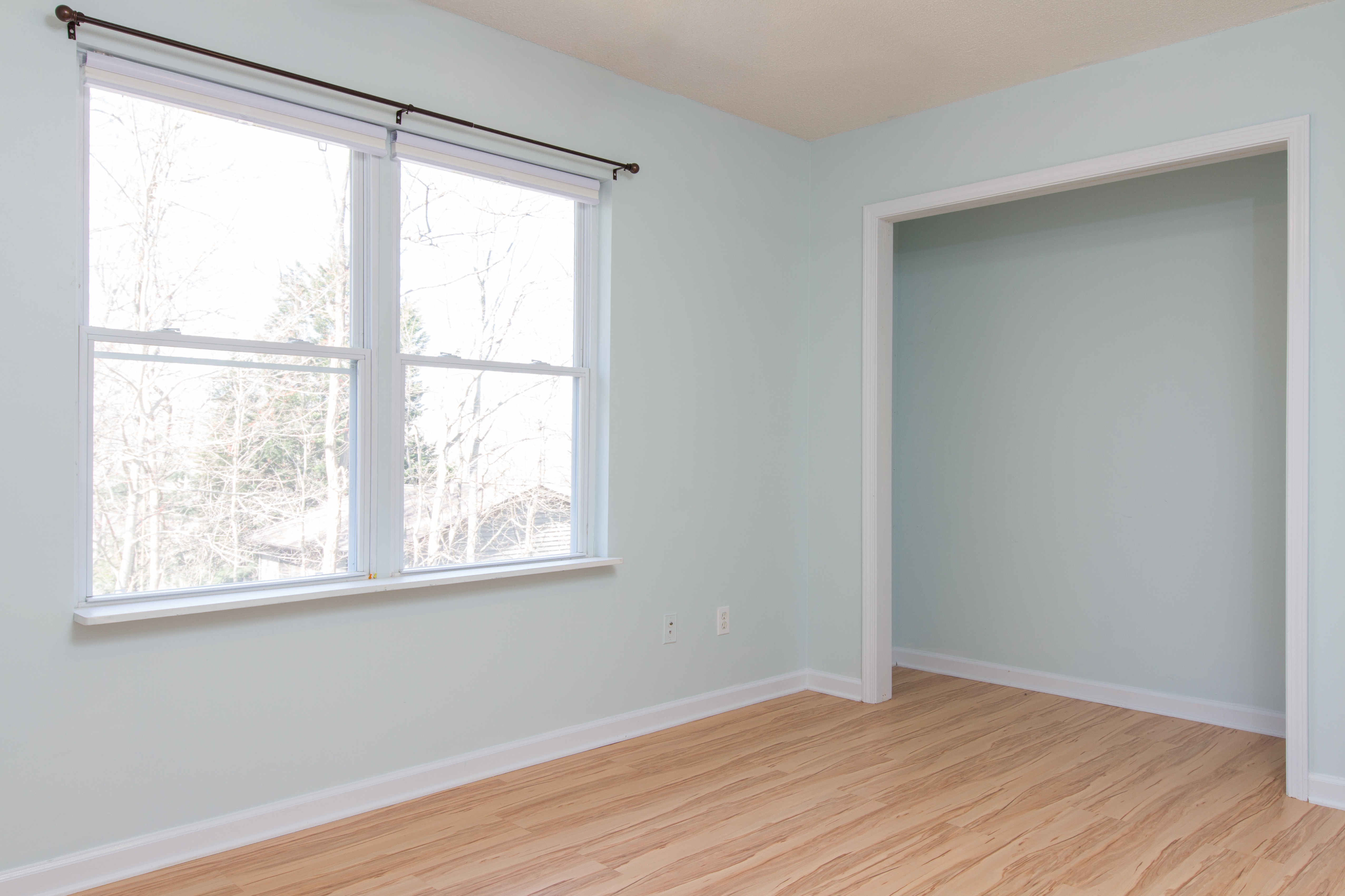 Bright, airy room with Low E glass windows showcasing a serene woodland view.