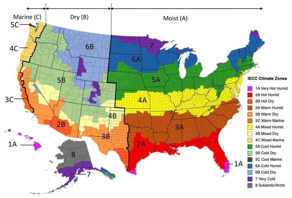 Map showing the varying insulation R-values across different regions in the United States