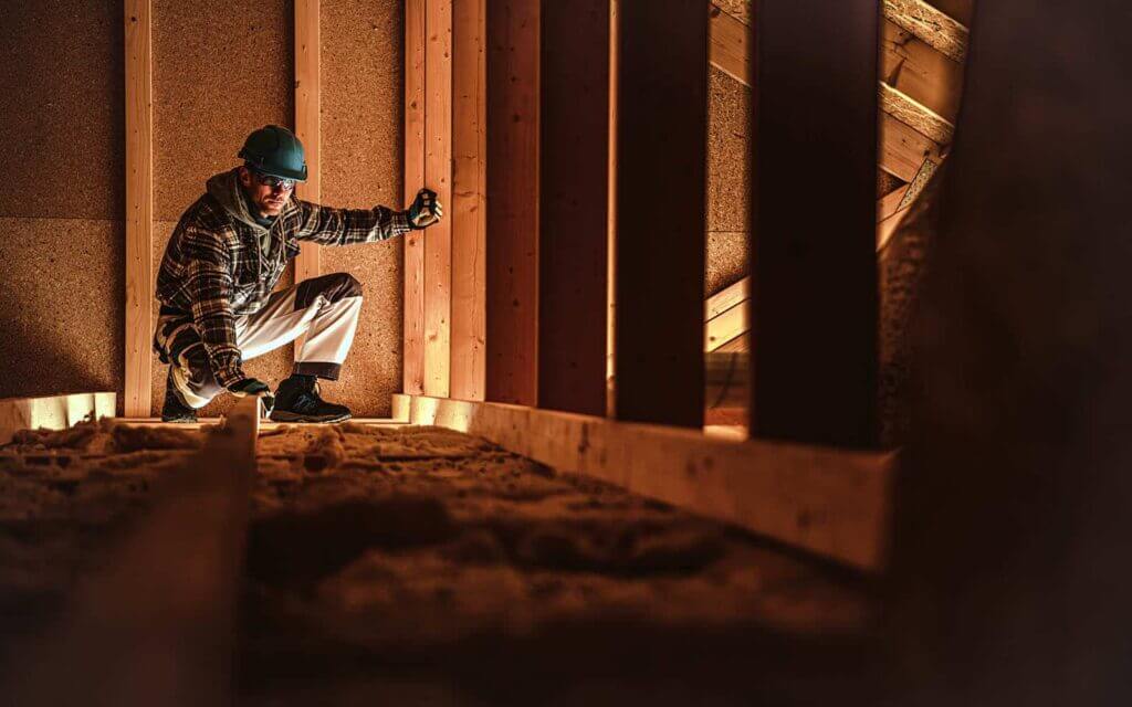 A construction worker in protective gear insulating an attic, measuring the space between wooden studs.
