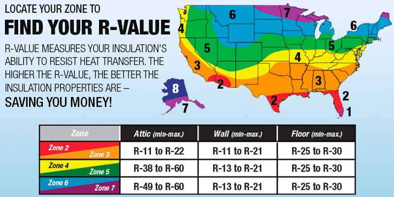 Color-coded map of the USA showing different insulation R-value zones for attics, walls, and floors.
