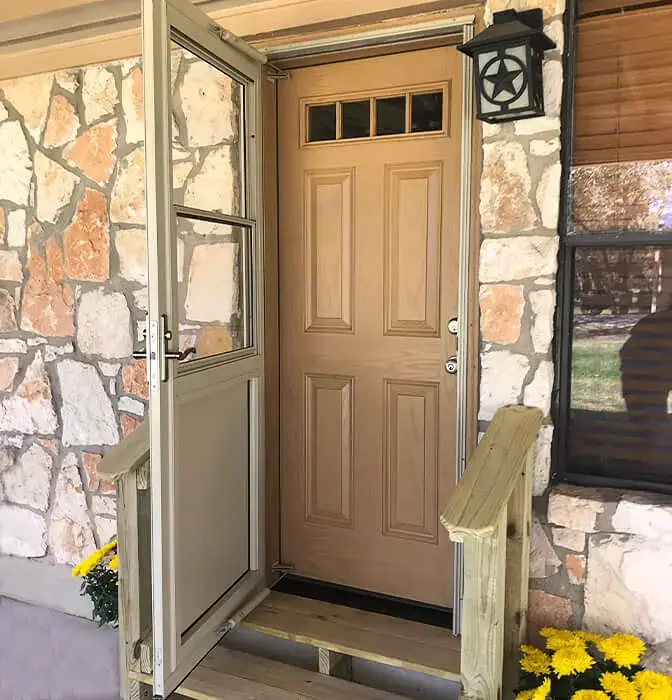 Wood colored door replacement with window on top