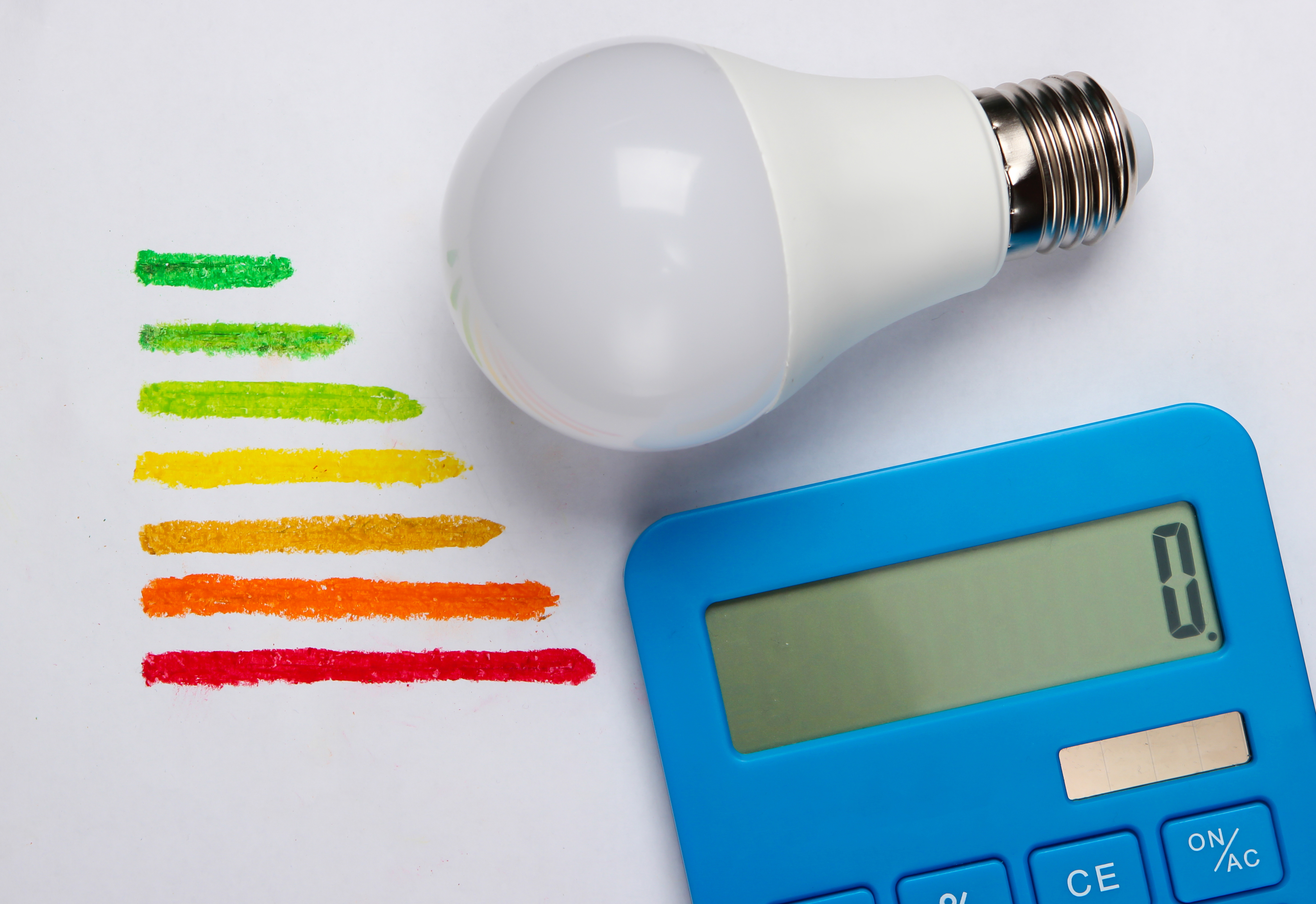 A light bulb and a calculator next to hand-drawn energy efficiency rating lines.