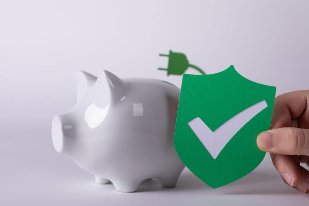 A hand holding a green shield with a check mark in front of a piggy bank with a power plug.
