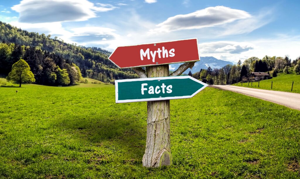 Directional signpost with arrows pointing opposite ways labeled 'Myths' and 'Facts' in a lush green field with a mountainous backdrop.