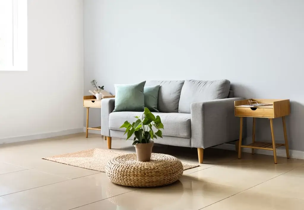 Modern living room with a grey sofa, wooden side tables, and a potted plant near a window