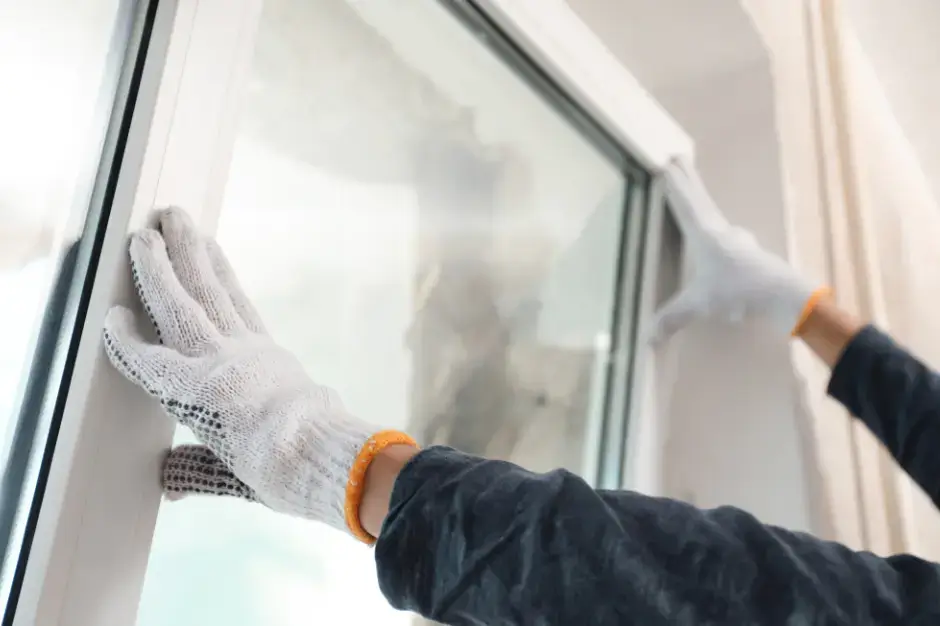 Installer fitting a Low-E window with gloves on