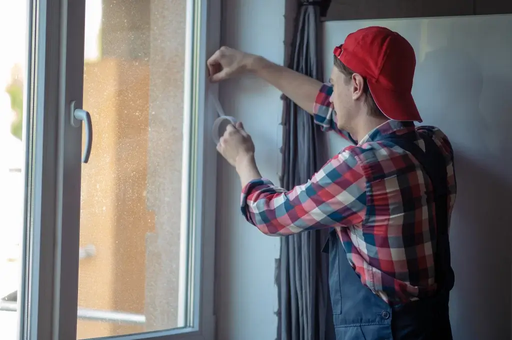 Worker applying weatherstripping to a window