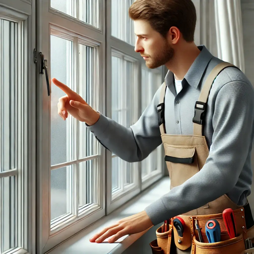 Man in work clothes inspecting a window frame and glass.