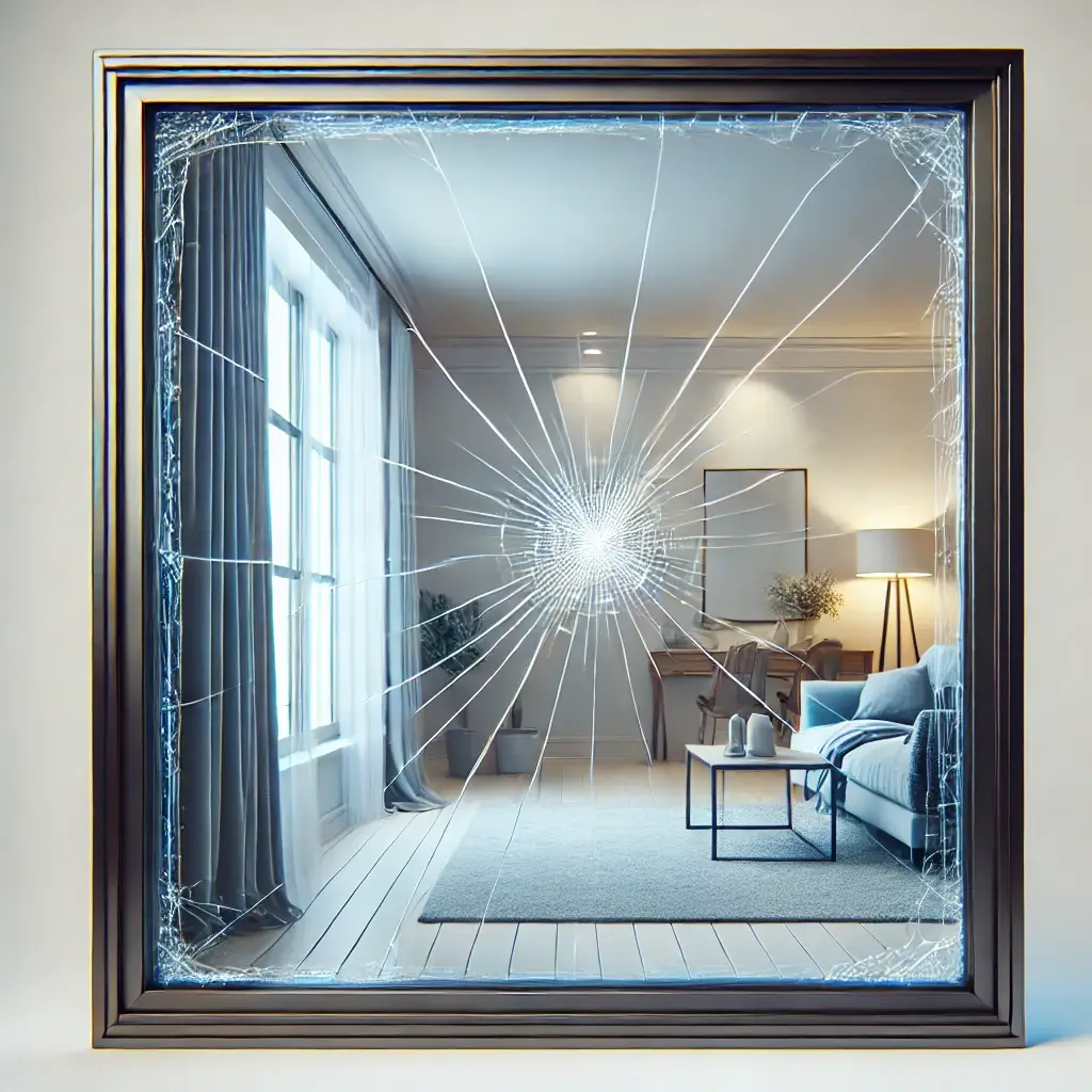 A realistic image of a house window with a couple of visible cracks, illustrating the effects of impact or stress on the glass.