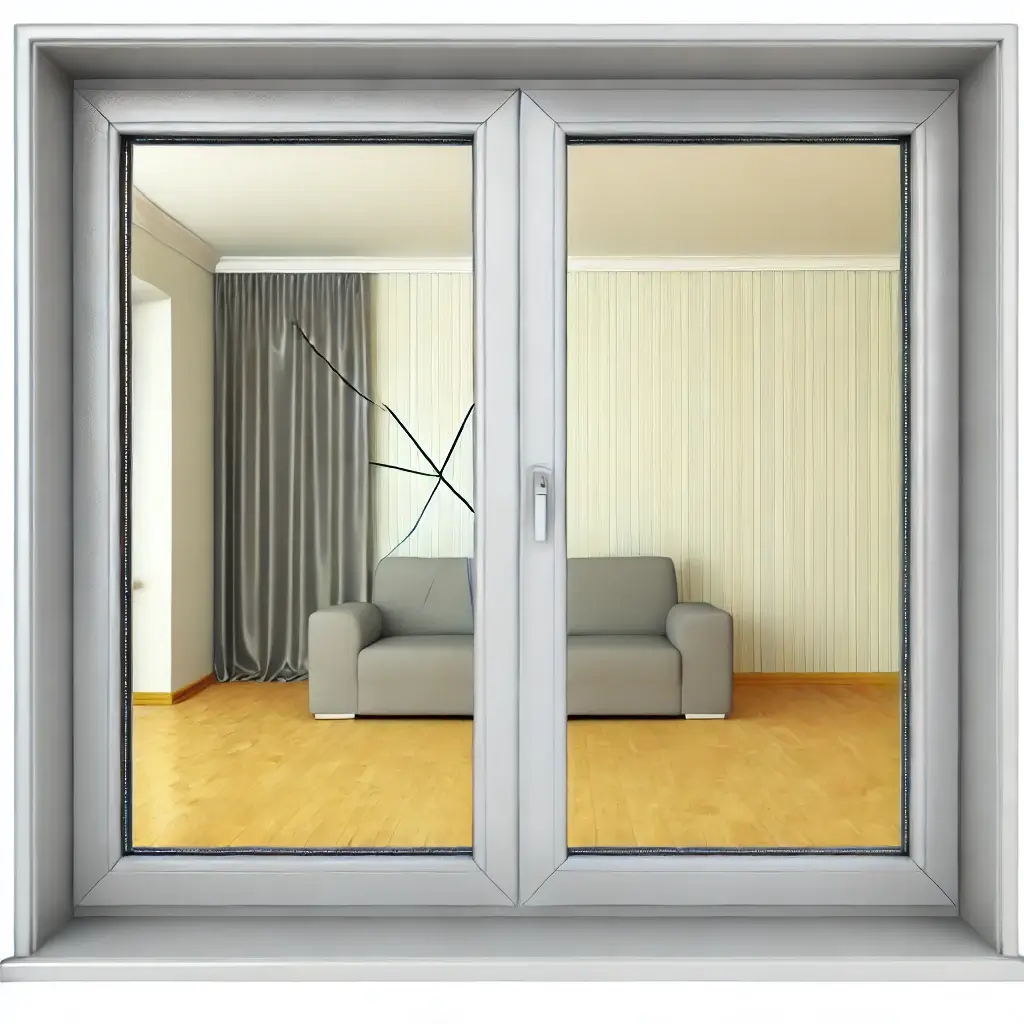 A realistic image of a house window with a couple of small, visible cracks, viewed from the outside looking in, showing minor impact or stress.