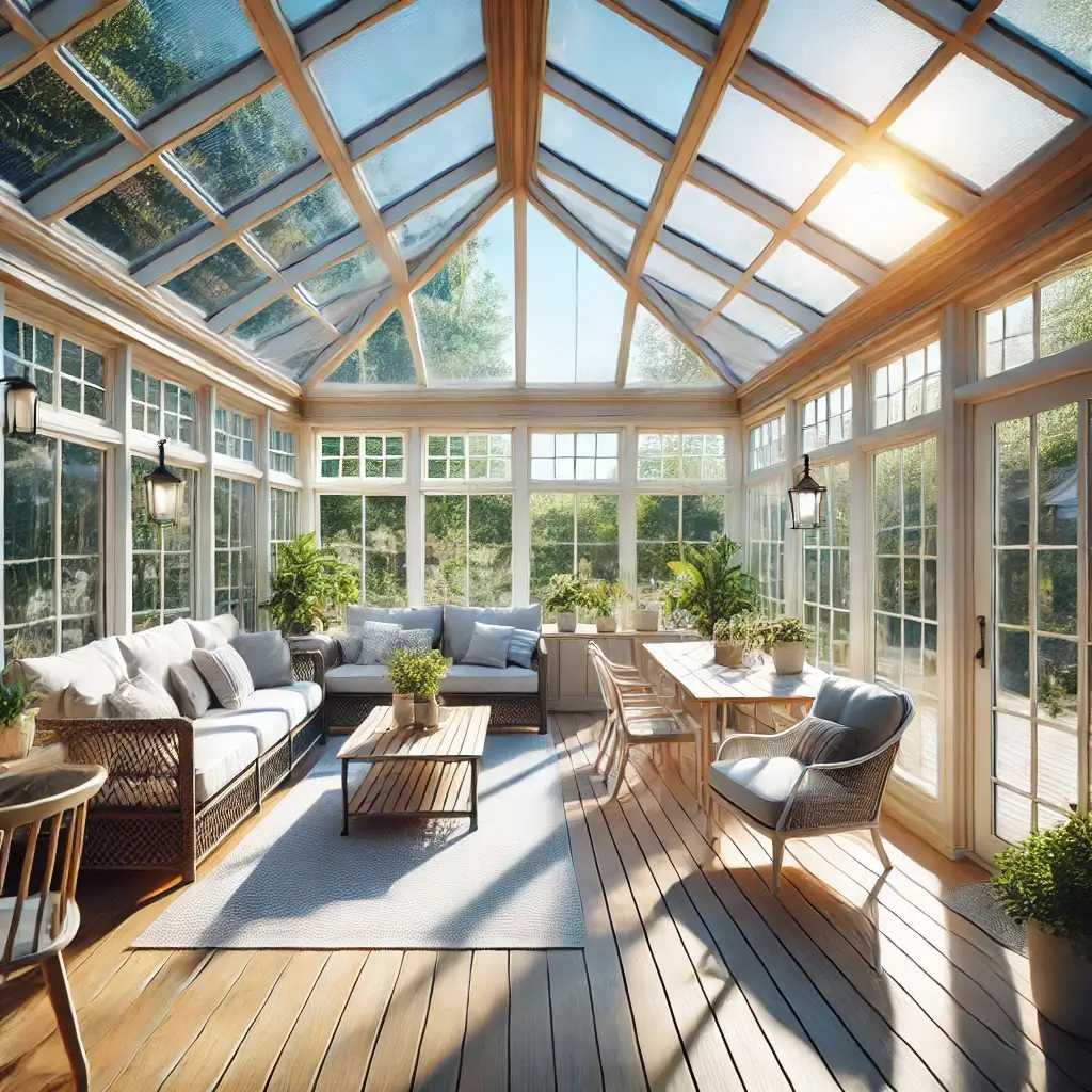 Bright and airy sunroom with large glass windows, comfortable furniture, and potted plants.