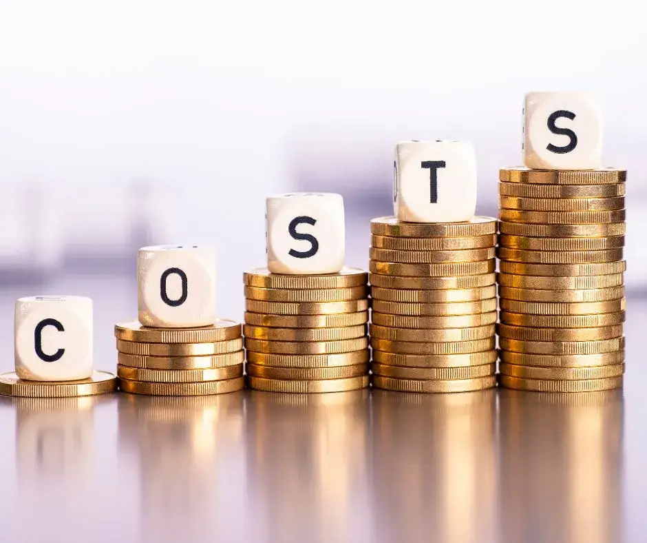 Stacks of gold coins with dice spelling out 'COSTS' on top, representing the cost to replace windows.