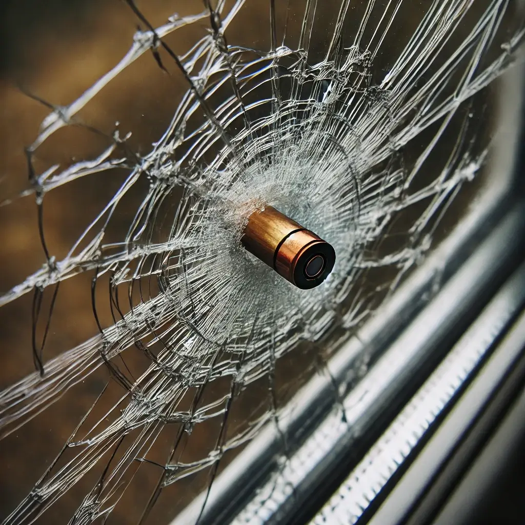 Bullet partially embedded in a window, showing cracks and spiderweb patterns.