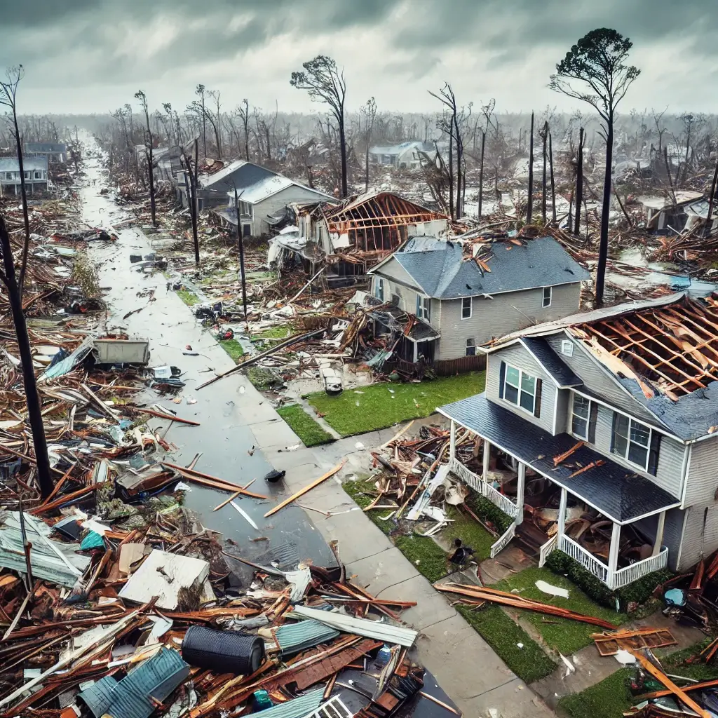 Neighborhood severely damaged by a hurricane with partially destroyed houses, torn roofs, scattered debris, and uprooted trees.