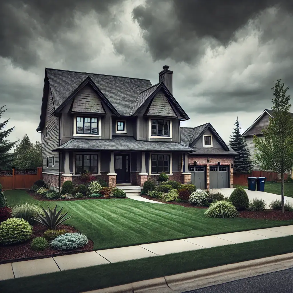 Suburban house with a gray, overcast sky, medium-sized with a well-kept lawn and garden.